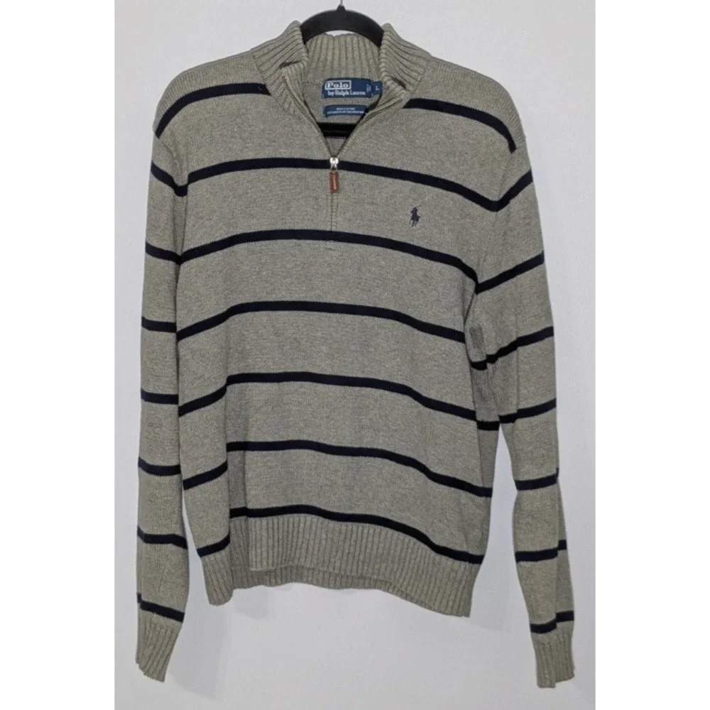 VTG Polo Ralph Lauren 1/4 Zip Sweater Men Large Gray Striped Mock Neck Pullover
